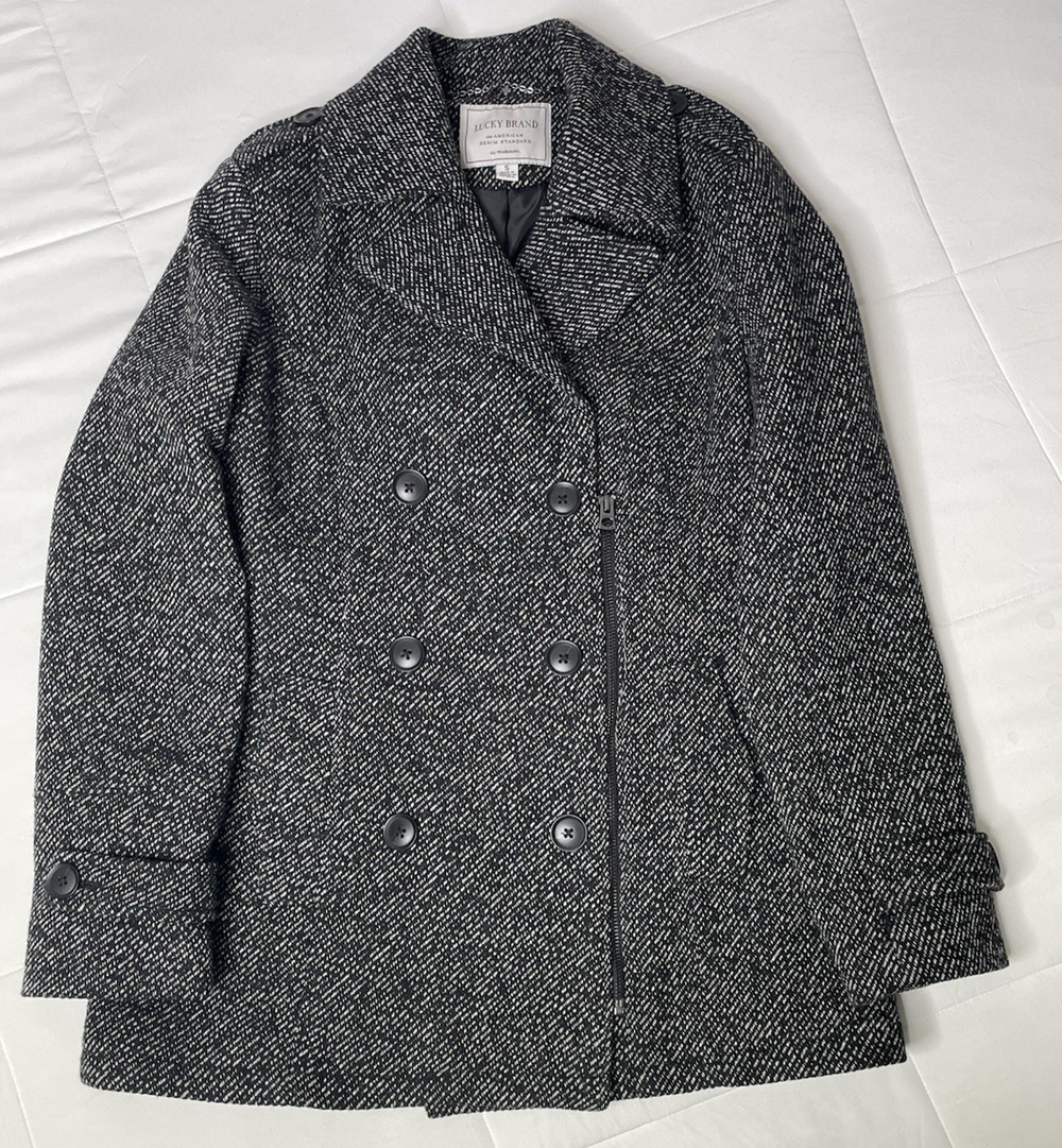 Lucky Brand Women’s Small Black Gray Wool Blend Double Breasted Pea Coat Jacket